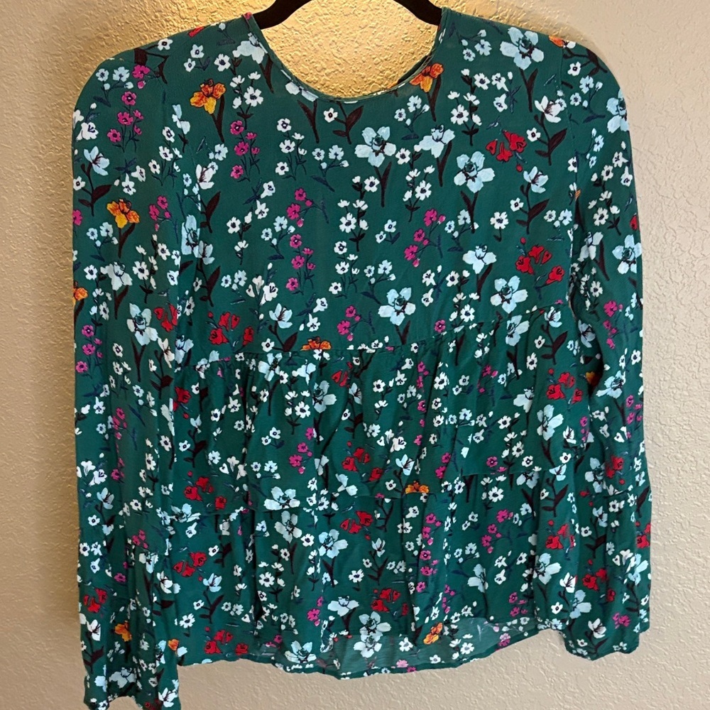 Zara Floral Ruffle Blouse Small Green Peplum Boho Cottagecore Top